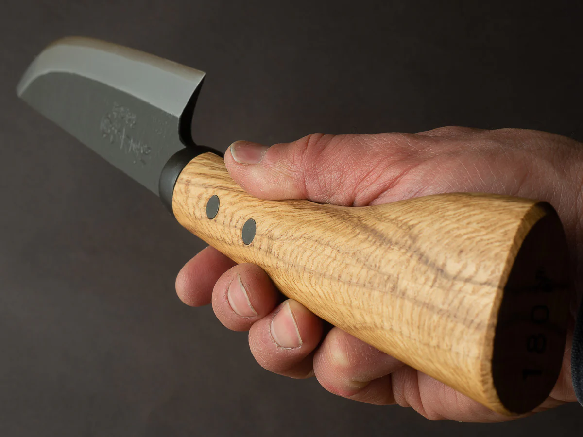 Ajikataya - Kengata Single Bevel Hatchet - White #2 - Kurouchi - 180mm - Oak Handle - Image 12