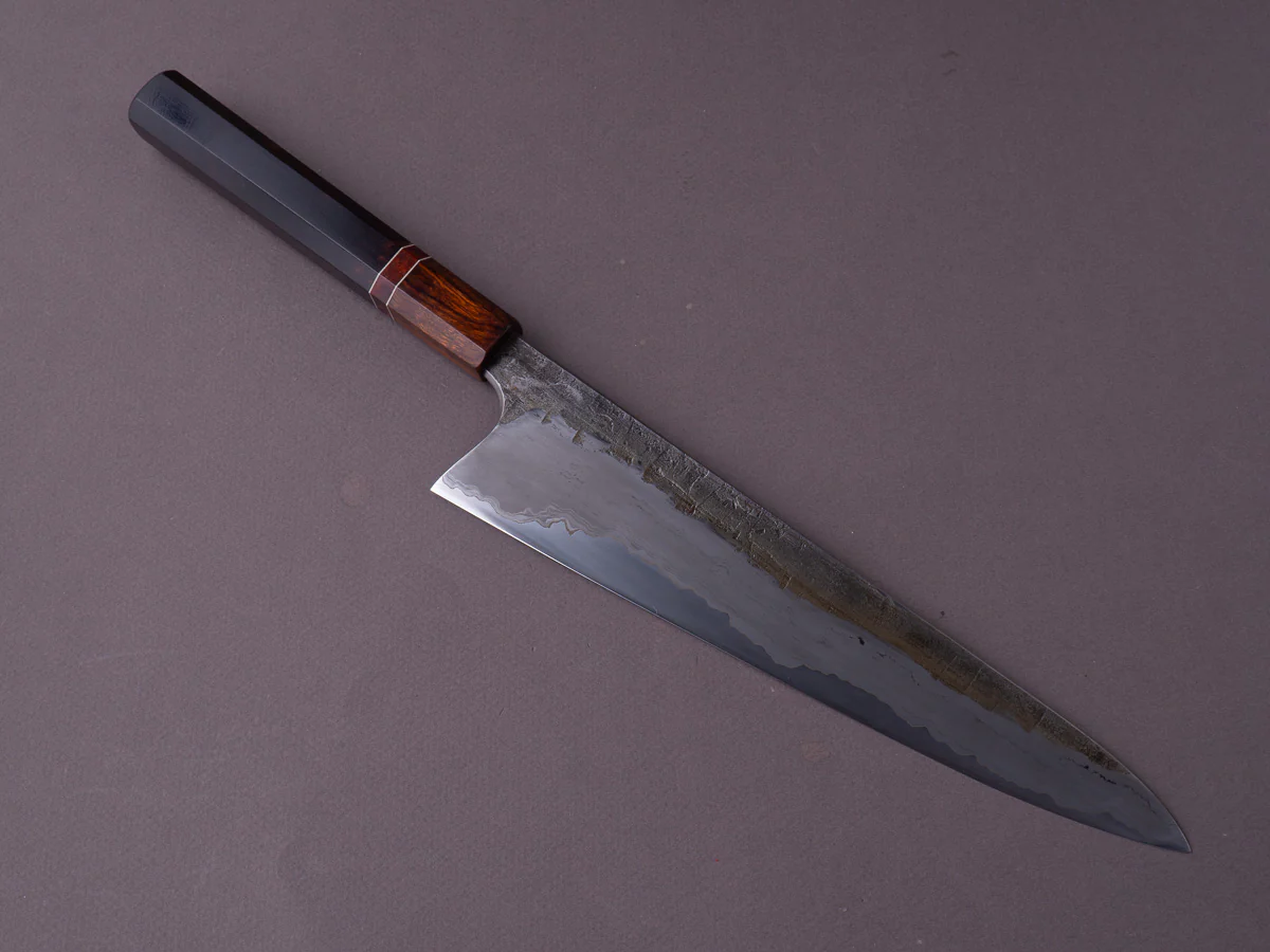 Caublestone Cutlery - In-House Go-Mai - Wrought Iron Kasumi - 26C3 - Gyuto 240mm - Desert Ironwood Handle w/ Amboyna Ferrule & G10 Spacer