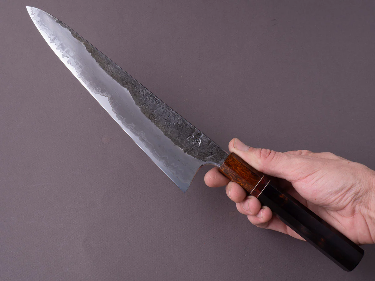 Caublestone Cutlery - In-House Go-Mai - Wrought Iron Kasumi - 26C3 - Gyuto 240mm - Desert Ironwood Handle w/ Amboyna Ferrule & G10 Spacer - Image 10