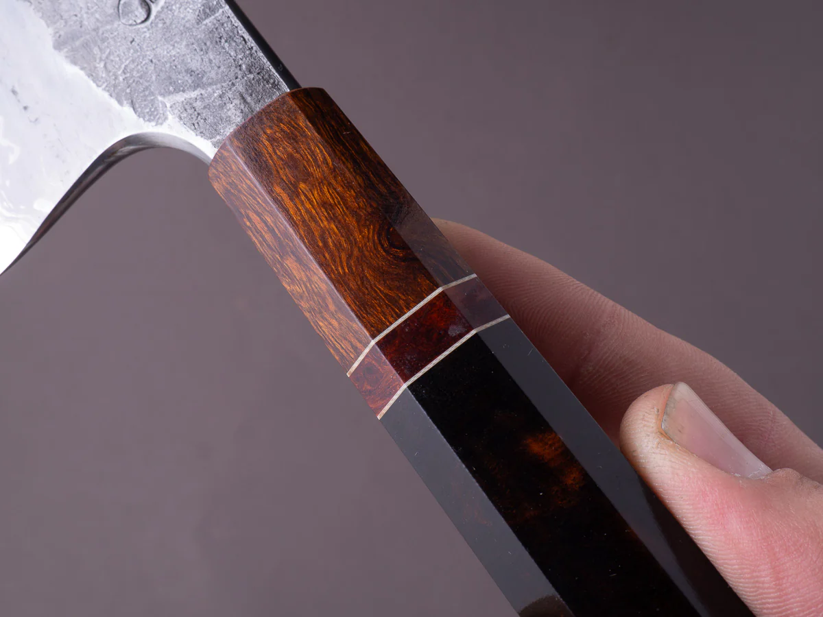 Caublestone Cutlery - In-House Go-Mai - Wrought Iron Kasumi - 26C3 - Gyuto 240mm - Desert Ironwood Handle w/ Amboyna Ferrule & G10 Spacer - Image 14