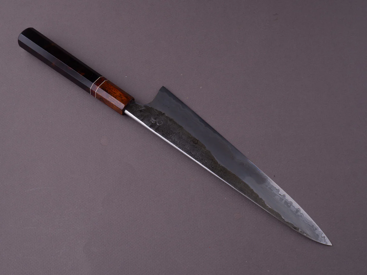Caublestone Cutlery - In-House Go-Mai - Wrought Iron Kasumi - 26C3 - Gyuto 240mm - Desert Ironwood Handle w/ Amboyna Ferrule & G10 Spacer - Image 6