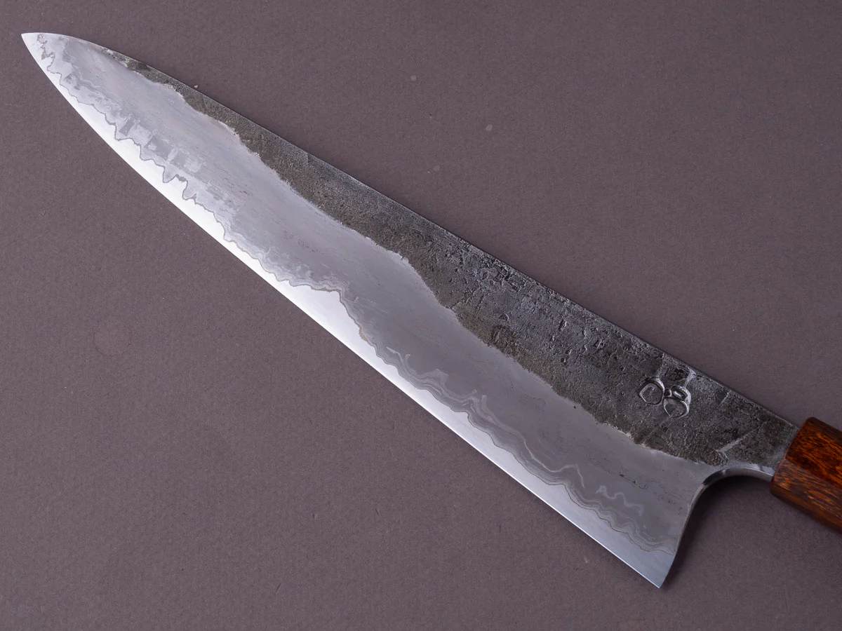 Caublestone Cutlery - In-House Go-Mai - Wrought Iron Kasumi - 26C3 - Gyuto 240mm - Desert Ironwood Handle w/ Amboyna Ferrule & G10 Spacer - Image 7