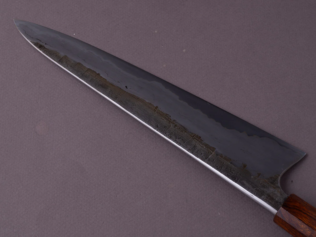 Caublestone Cutlery - In-House Go-Mai - Wrought Iron Kasumi - 26C3 - Gyuto 240mm - Desert Ironwood Handle w/ Amboyna Ferrule & G10 Spacer - Image 8