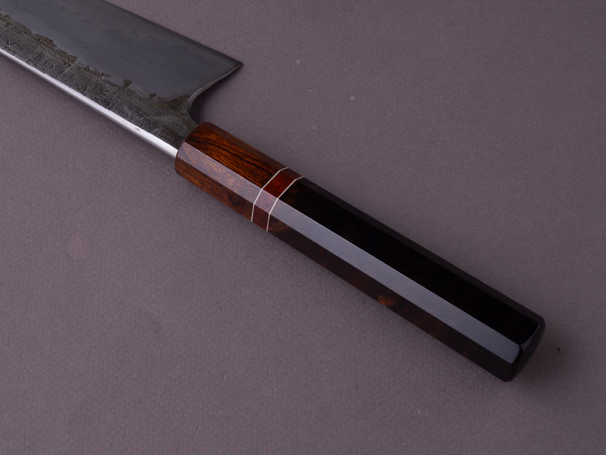 Caublestone Cutlery - In-House Go-Mai - Wrought Iron Kasumi - 26C3 - Gyuto 240mm - Desert Ironwood Handle w/ Amboyna Ferrule & G10 Spacer - Image 9