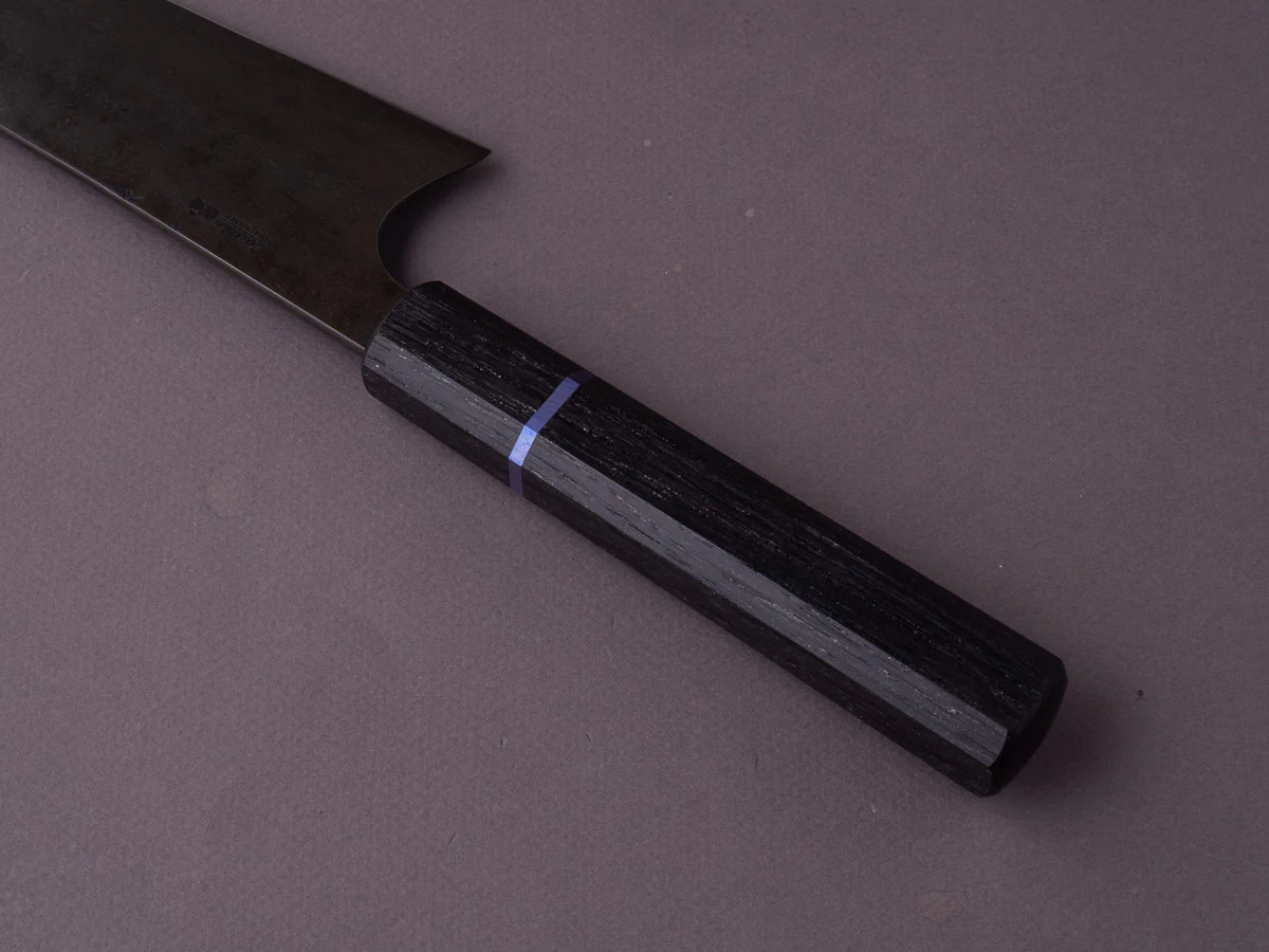 Caublestone Cutlery - In-House Watered Wootz - Stone Polished w/ Forced Patina - Gyuto 240mm - Stabilized Bog Oak Handle w/ Trimascus Spacer - Image 10