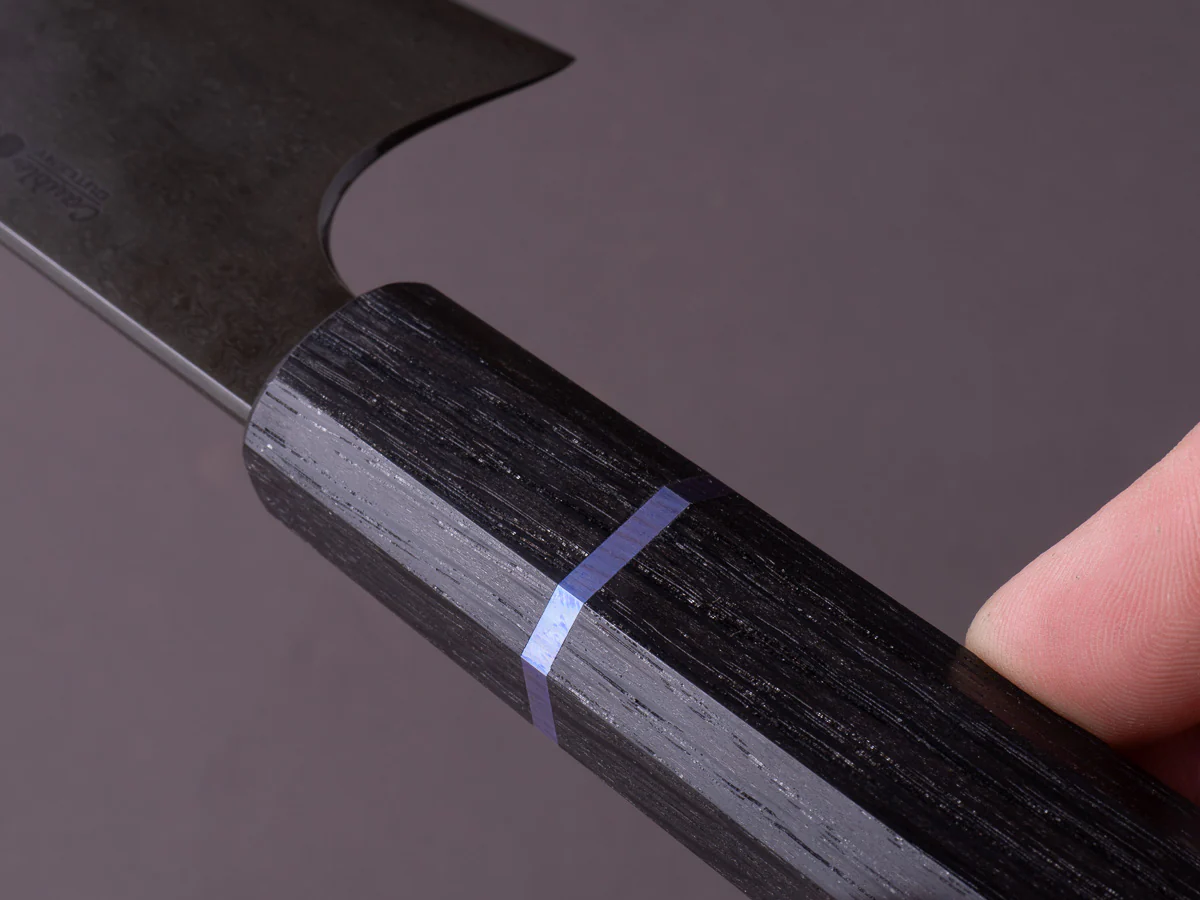 Caublestone Cutlery - In-House Watered Wootz - Stone Polished w/ Forced Patina - Gyuto 240mm - Stabilized Bog Oak Handle w/ Trimascus Spacer - Image 11