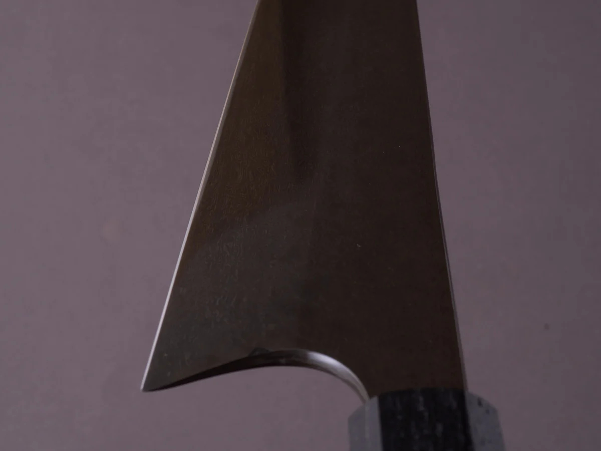 Caublestone Cutlery - In-House Watered Wootz - Stone Polished w/ Forced Patina - Gyuto 240mm - Stabilized Bog Oak Handle w/ Trimascus Spacer - Image 12