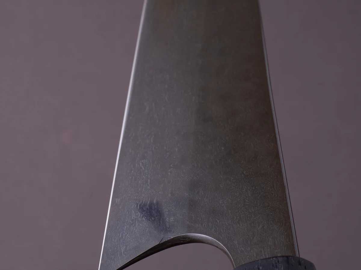 Caublestone Cutlery - In-House Watered Wootz - Stone Polished w/ Forced Patina - Gyuto 240mm - Stabilized Bog Oak Handle w/ Trimascus Spacer - Image 13