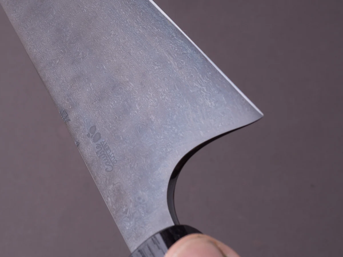 Caublestone Cutlery - In-House Watered Wootz - Stone Polished w/ Forced Patina - Gyuto 240mm - Stabilized Bog Oak Handle w/ Trimascus Spacer - Image 14