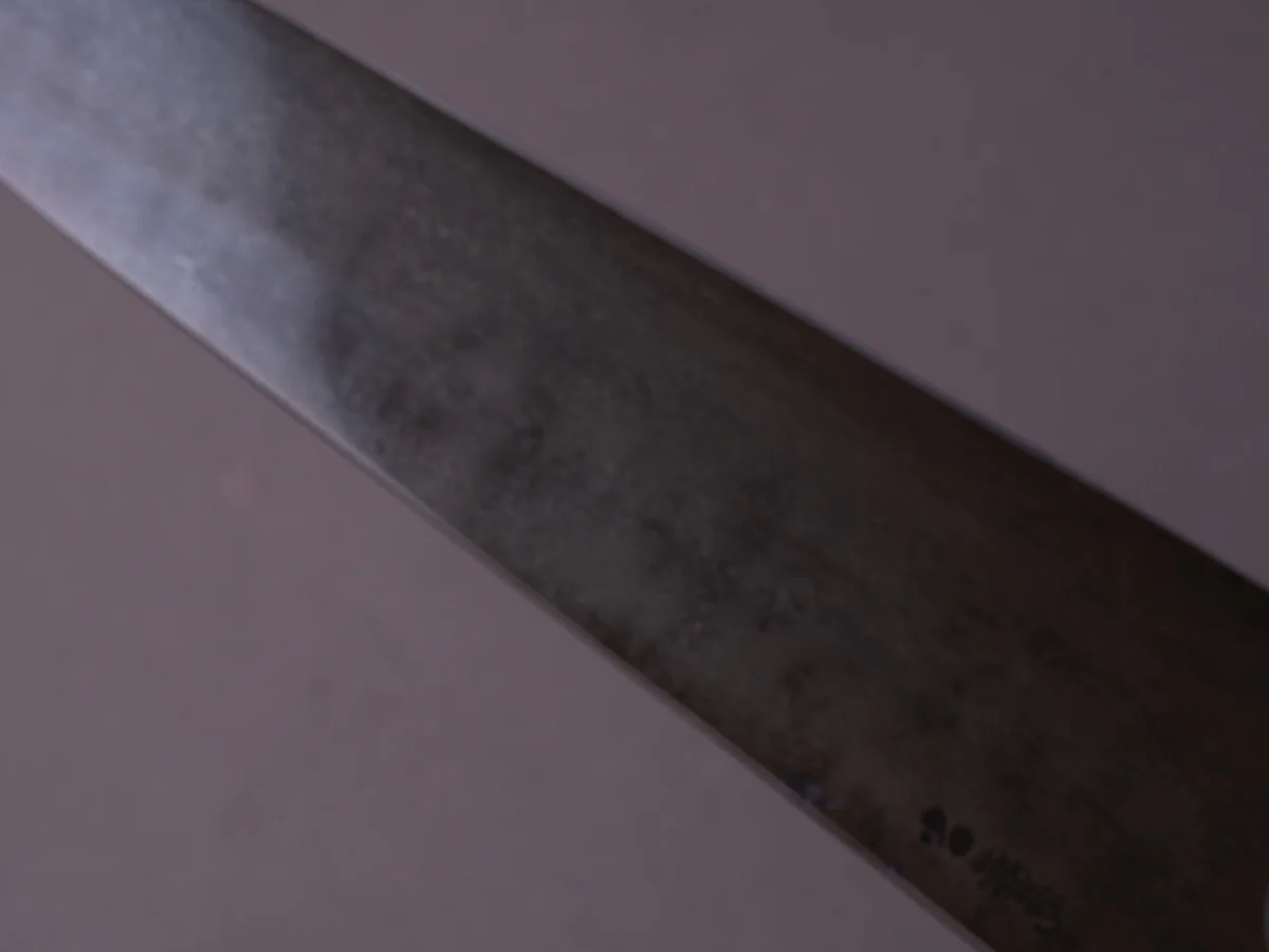 Caublestone Cutlery - In-House Watered Wootz - Stone Polished w/ Forced Patina - Gyuto 240mm - Stabilized Bog Oak Handle w/ Trimascus Spacer - Image 15