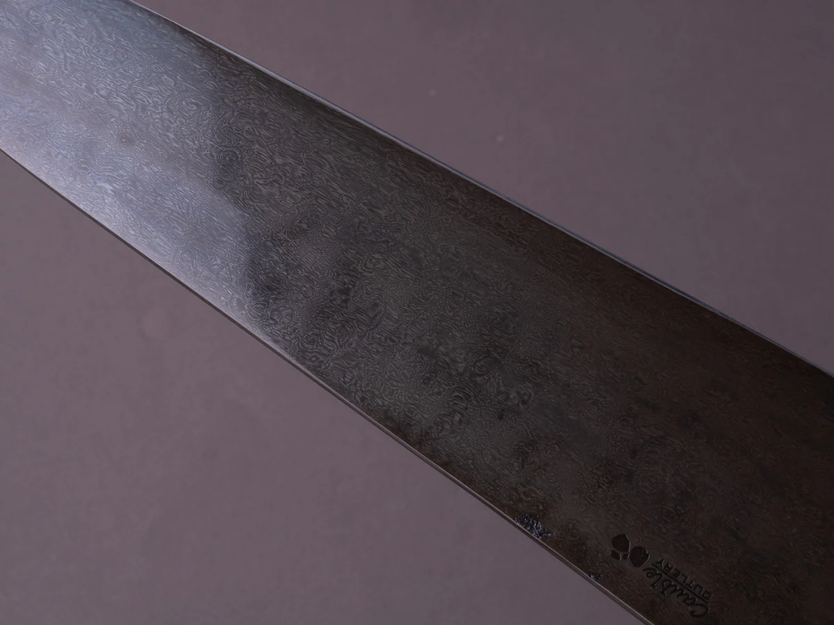 Caublestone Cutlery - In-House Watered Wootz - Stone Polished w/ Forced Patina - Gyuto 240mm - Stabilized Bog Oak Handle w/ Trimascus Spacer - Image 16