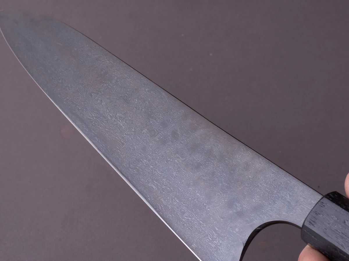 Caublestone Cutlery - In-House Watered Wootz - Stone Polished w/ Forced Patina - Gyuto 240mm - Stabilized Bog Oak Handle w/ Trimascus Spacer - Image 17