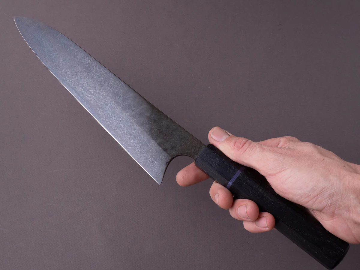 Caublestone Cutlery - In-House Watered Wootz - Stone Polished w/ Forced Patina - Gyuto 240mm - Stabilized Bog Oak Handle w/ Trimascus Spacer - Image 18