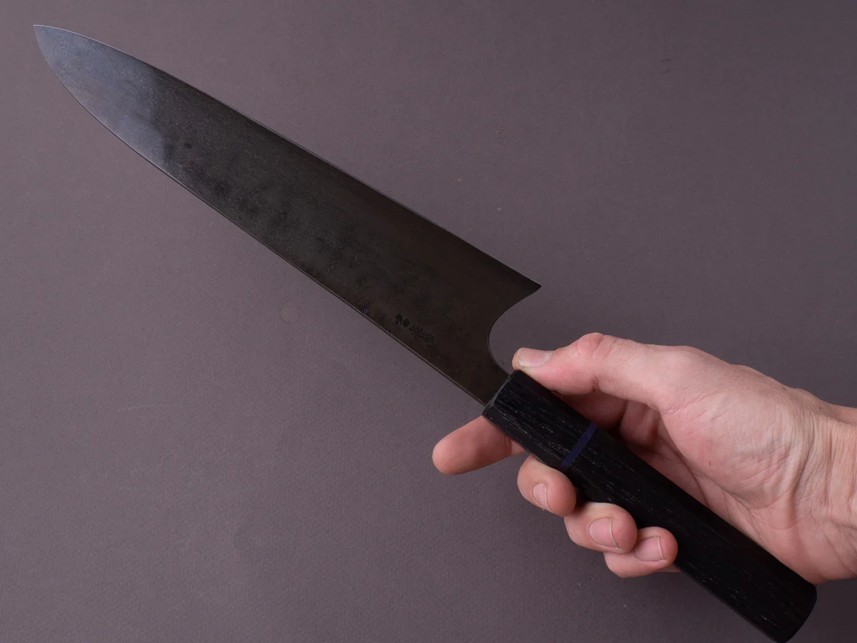 Caublestone Cutlery - In-House Watered Wootz - Stone Polished w/ Forced Patina - Gyuto 240mm - Stabilized Bog Oak Handle w/ Trimascus Spacer - Image 19