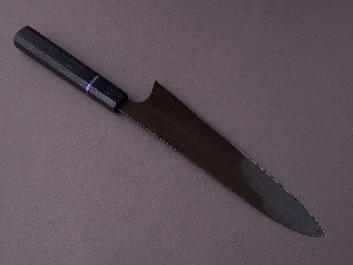 Caublestone Cutlery - In-House Watered Wootz - Stone Polished w/ Forced Patina - Gyuto 240mm - Stabilized Bog Oak Handle w/ Trimascus Spacer - Image 3