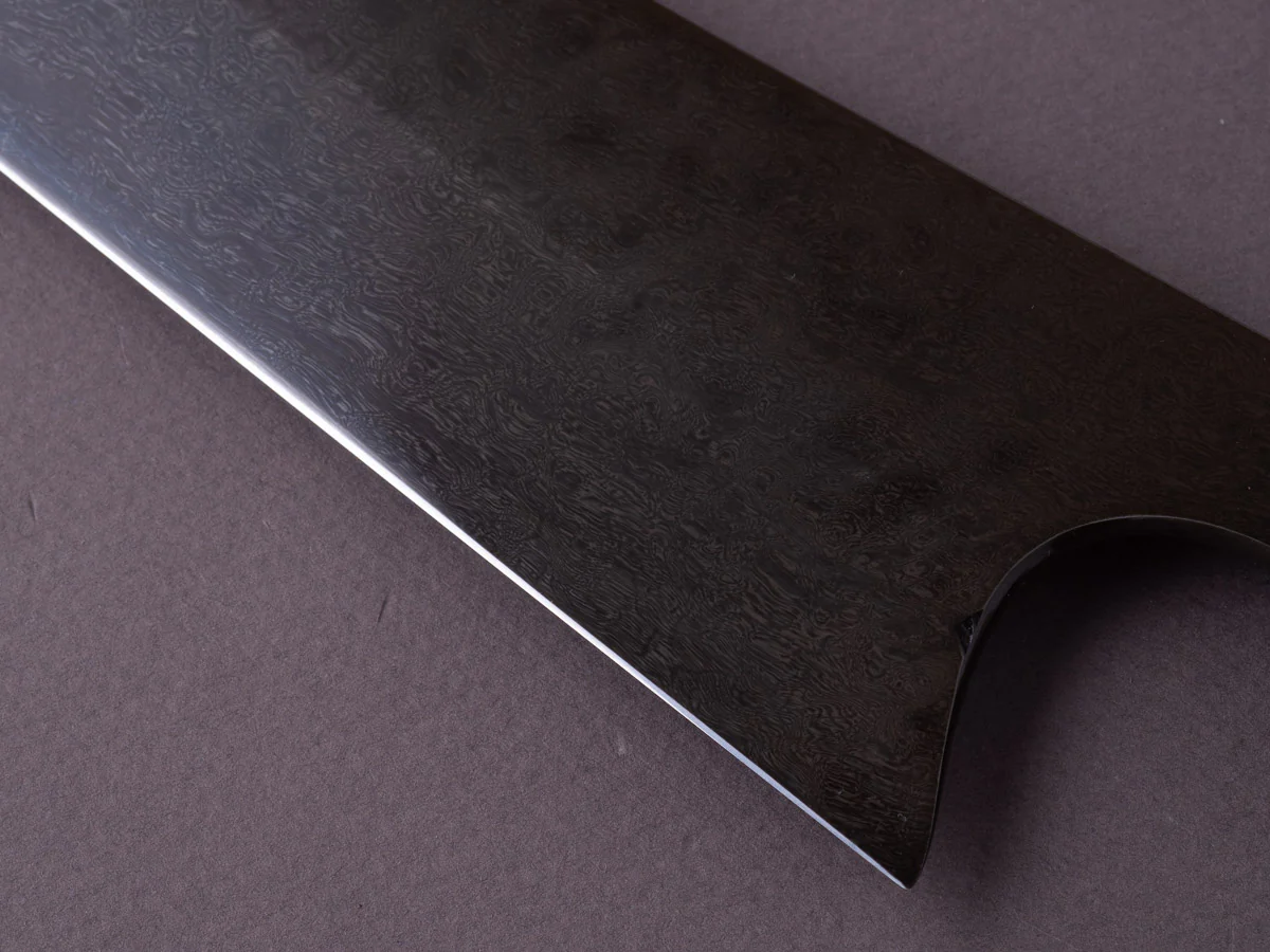 Caublestone Cutlery - In-House Watered Wootz - Stone Polished w/ Forced Patina - Gyuto 240mm - Stabilized Bog Oak Handle w/ Trimascus Spacer - Image 5
