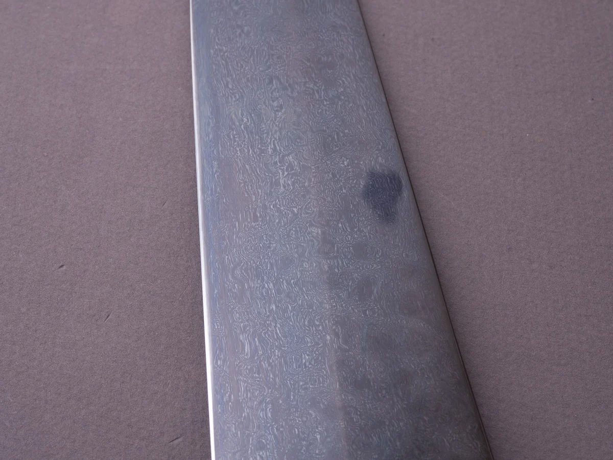 Caublestone Cutlery - In-House Watered Wootz - Stone Polished w/ Forced Patina - Gyuto 240mm - Stabilized Bog Oak Handle w/ Trimascus Spacer - Image 6