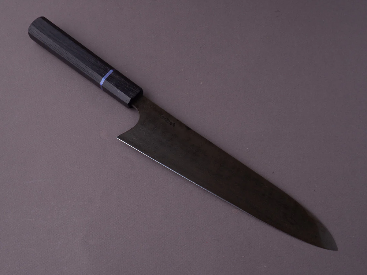 Caublestone Cutlery - In-House Watered Wootz - Stone Polished w/ Forced Patina - Gyuto 240mm - Stabilized Bog Oak Handle w/ Trimascus Spacer - Image 7