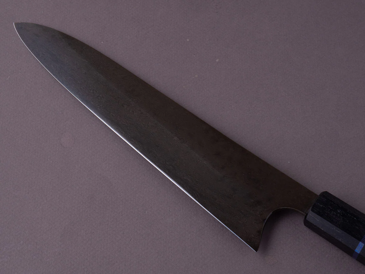 Caublestone Cutlery - In-House Watered Wootz - Stone Polished w/ Forced Patina - Gyuto 240mm - Stabilized Bog Oak Handle w/ Trimascus Spacer - Image 8