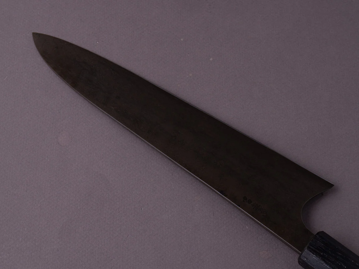 Caublestone Cutlery - In-House Watered Wootz - Stone Polished w/ Forced Patina - Gyuto 240mm - Stabilized Bog Oak Handle w/ Trimascus Spacer - Image 9