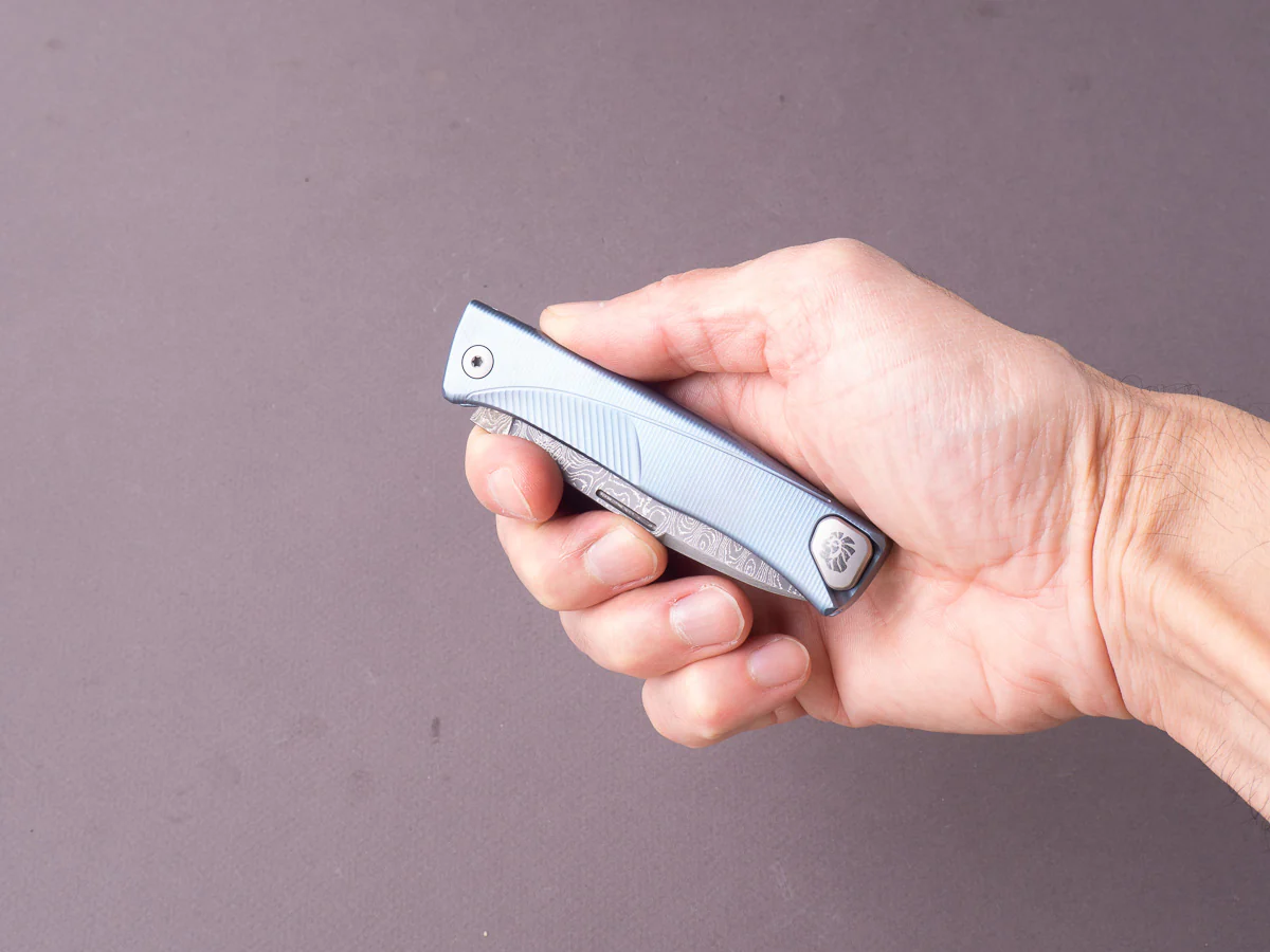 lionSTEEL - SOLID Folding Knife - Thrill - Slip Joint - Chad Nichols Scramble Damascus - 75mm - Blue Titanium - Image 5