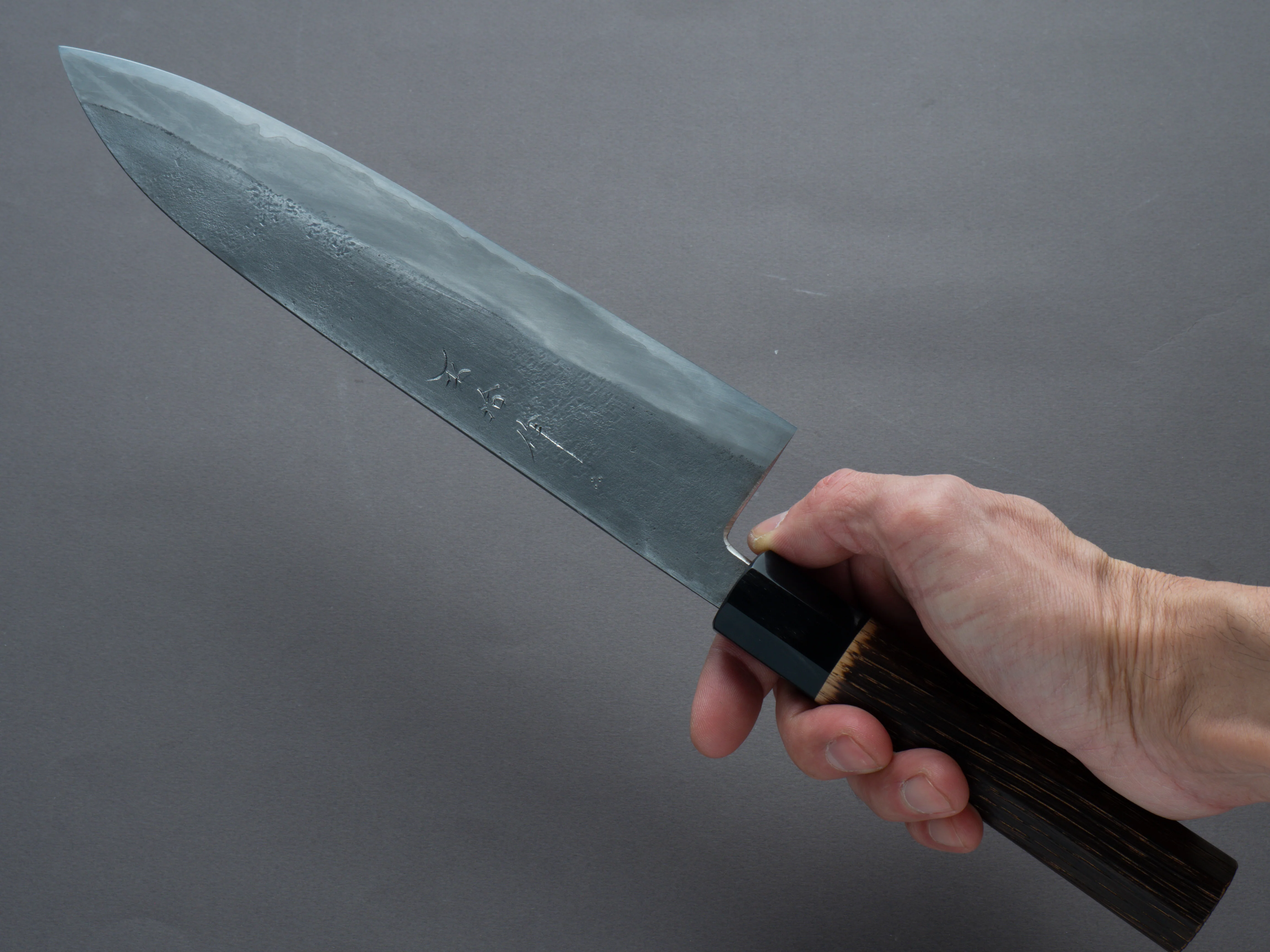 Nakaya Heiji - Semi-Stainless - Nashiji - 240mm Gyuto - Burnt Chestnut Handle - Image 8