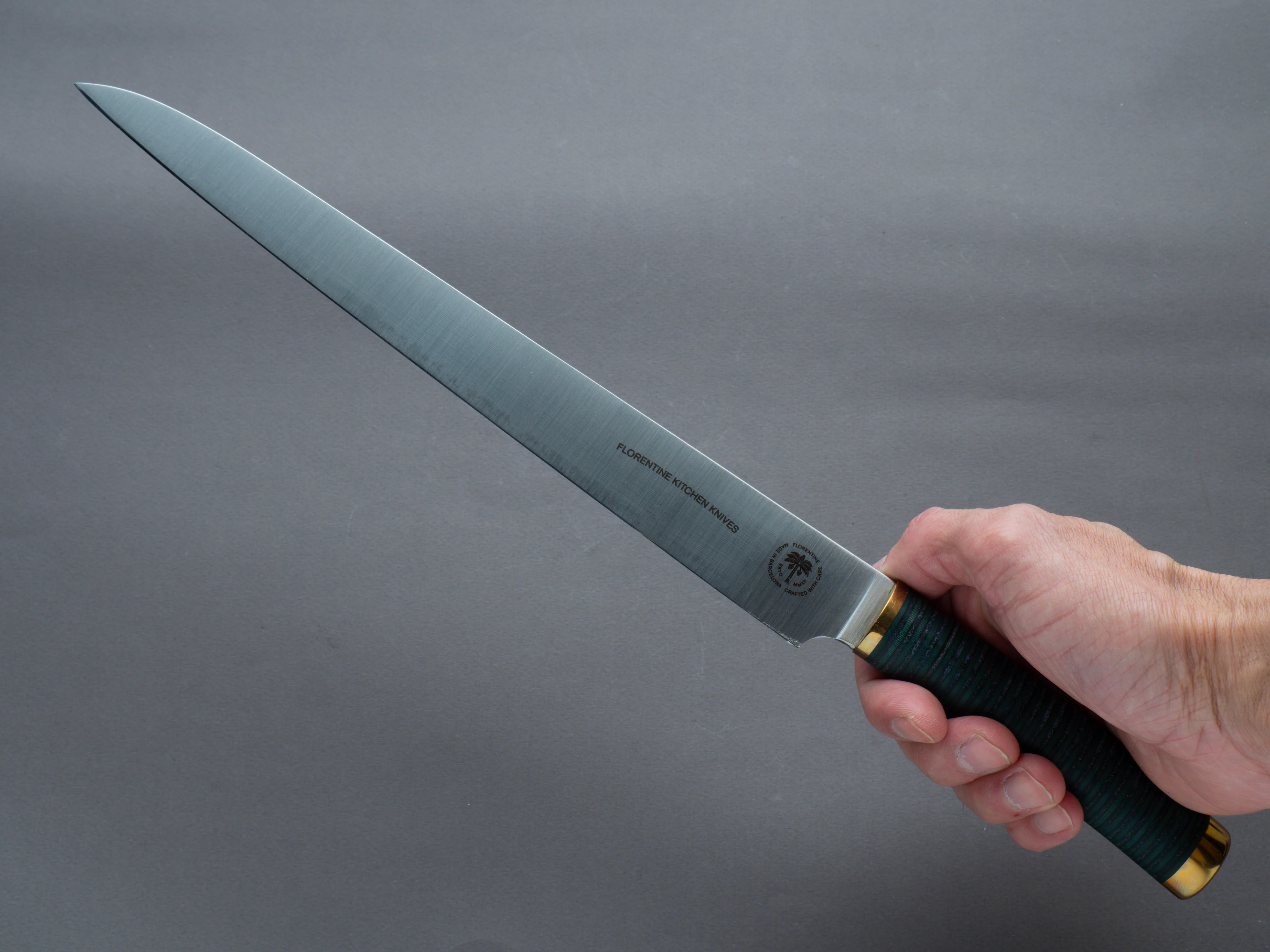 Florentine Kitchen Knives - Stacked - Stainless - 270mm Sujihiki - Black & Green Handle - Image 6