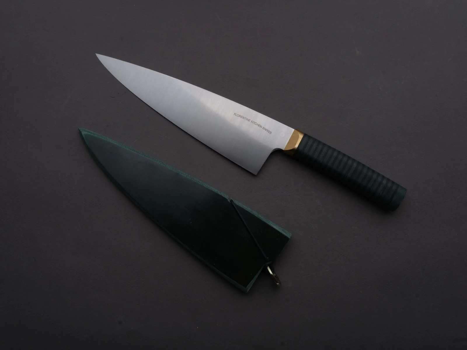 Florentine Kitchen Knives - Stainless - Chef - 205mm - Stacked Green Composite and Black Leather Handle