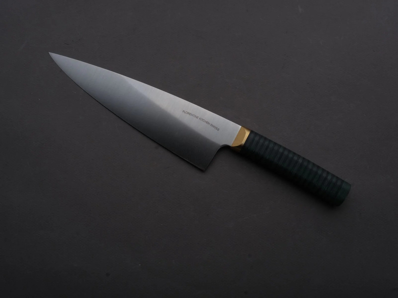 Florentine Kitchen Knives - Stainless - Chef - 205mm - Stacked Green Composite and Black Leather Handle - Image 3