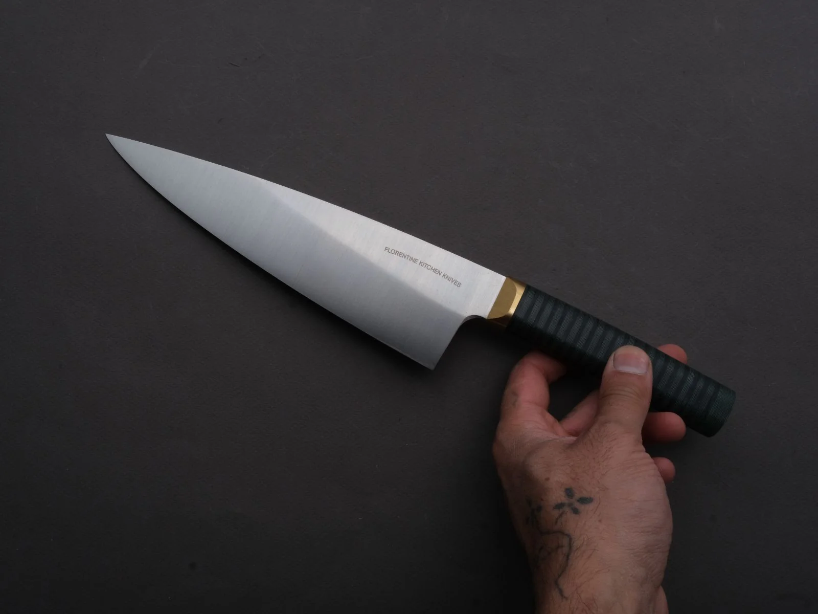 Florentine Kitchen Knives - Stainless - Chef - 205mm - Stacked Green Composite and Black Leather Handle - Image 5