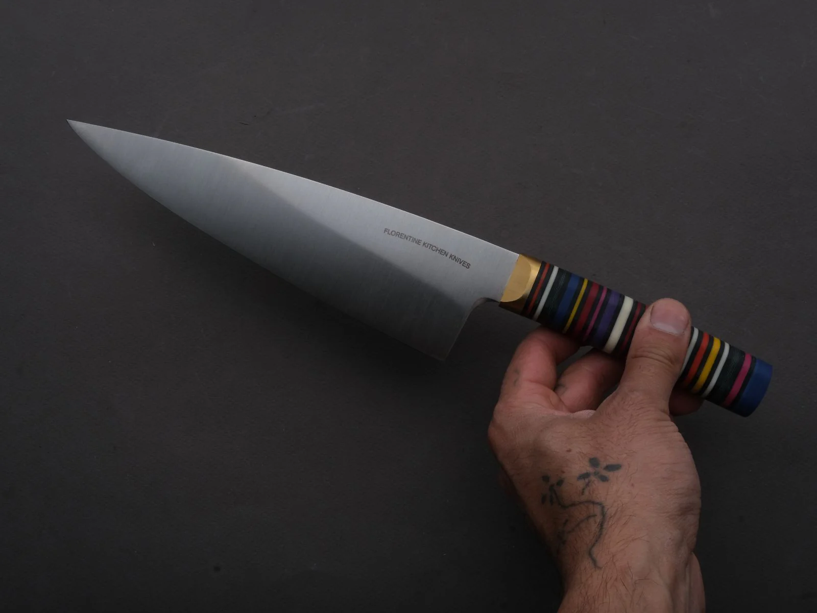 Florentine Kitchen Knives - Stainless - Chef - 205mm - Stacked Multicolor Composite and Black Leather Handle - Image 5