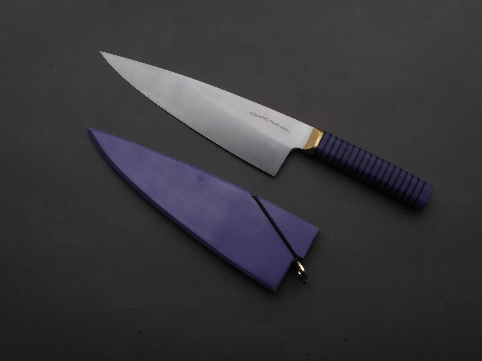 Florentine Kitchen Knives - Stainless - Chef - 205mm - Stacked Purple Composite and Black Leather Handle
