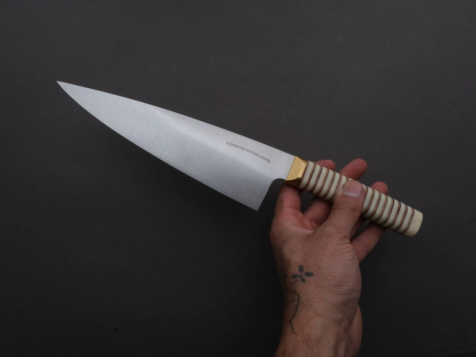 Florentine Kitchen Knives - Stainless - Chef - 205mm - Stacked White Composite and Natural Leather Handle - Image 5