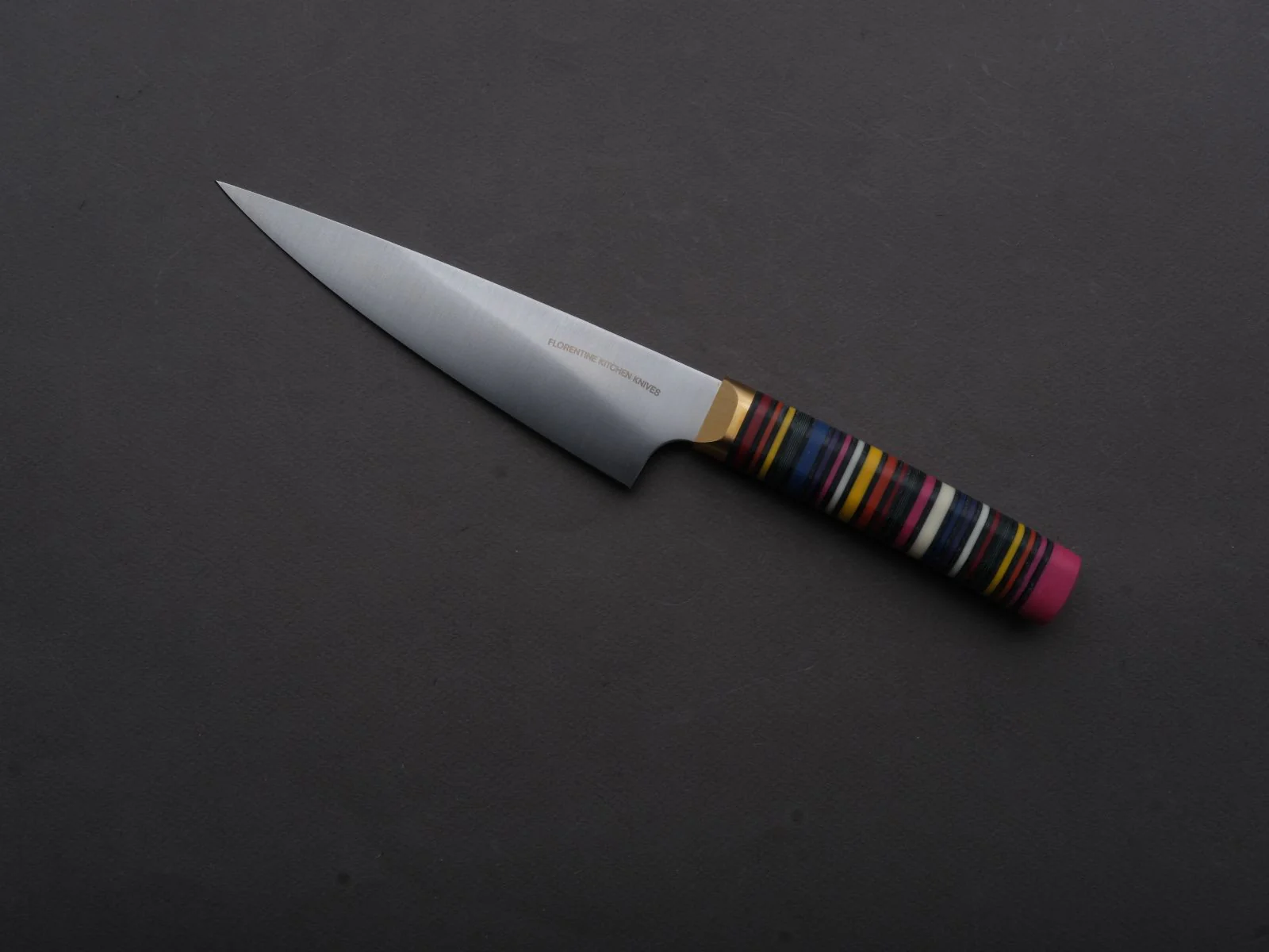 Florentine Kitchen Knives - Stainless - Petty - 155mm - Stacked Multicolor Composite and Black Leather Handle - Image 3