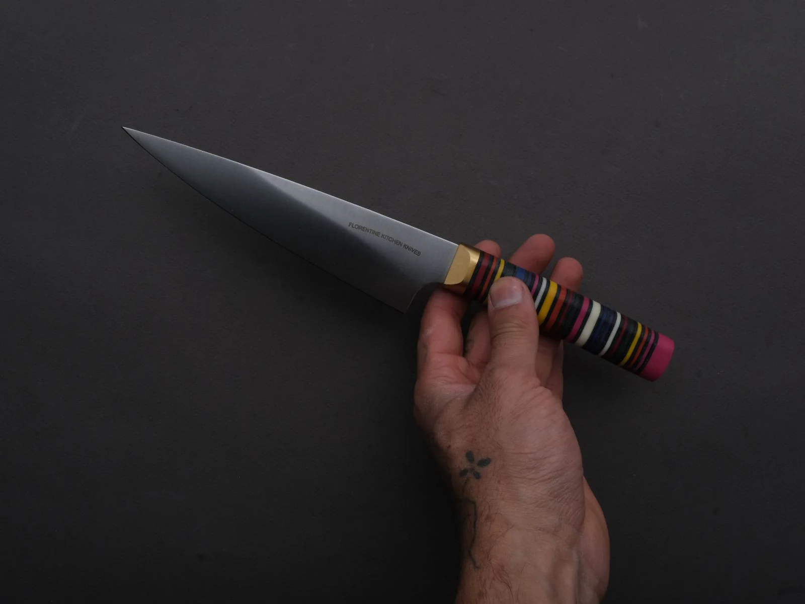 Florentine Kitchen Knives - Stainless - Petty - 155mm - Stacked Multicolor Composite and Black Leather Handle - Image 5
