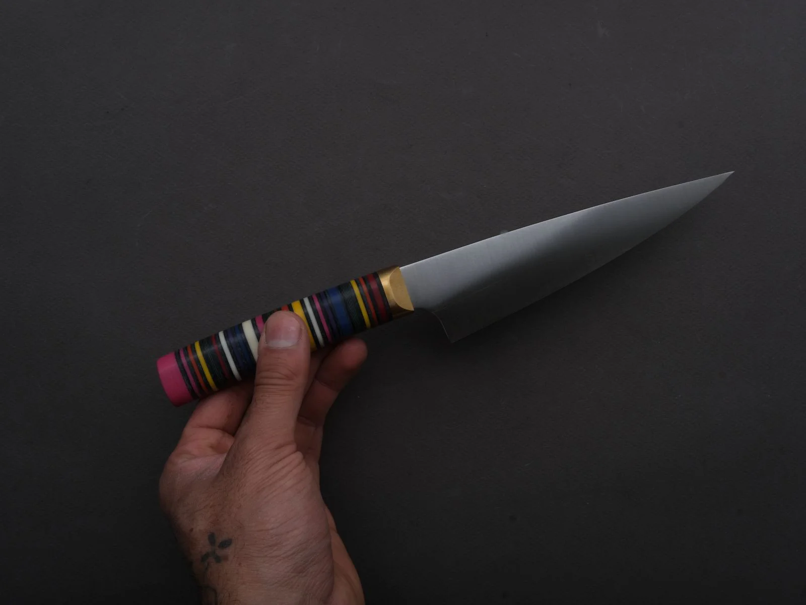 Florentine Kitchen Knives - Stainless - Petty - 155mm - Stacked Multicolor Composite and Black Leather Handle - Image 6