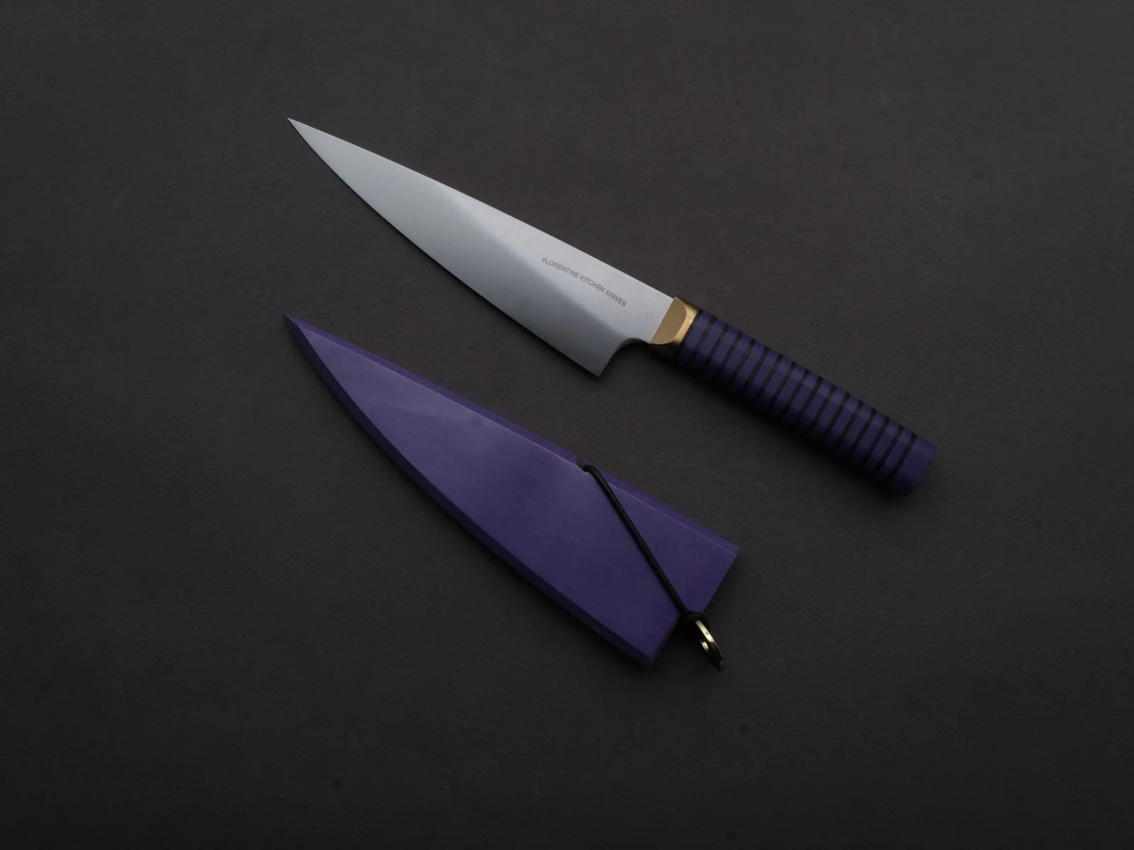 Florentine Kitchen Knives - Stainless - Petty - 155mm - Stacked Purple Composite and Black Leather Handle