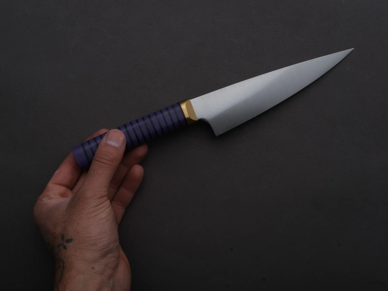 Florentine Kitchen Knives - Stainless - Petty - 155mm - Stacked Purple Composite and Black Leather Handle - Image 4