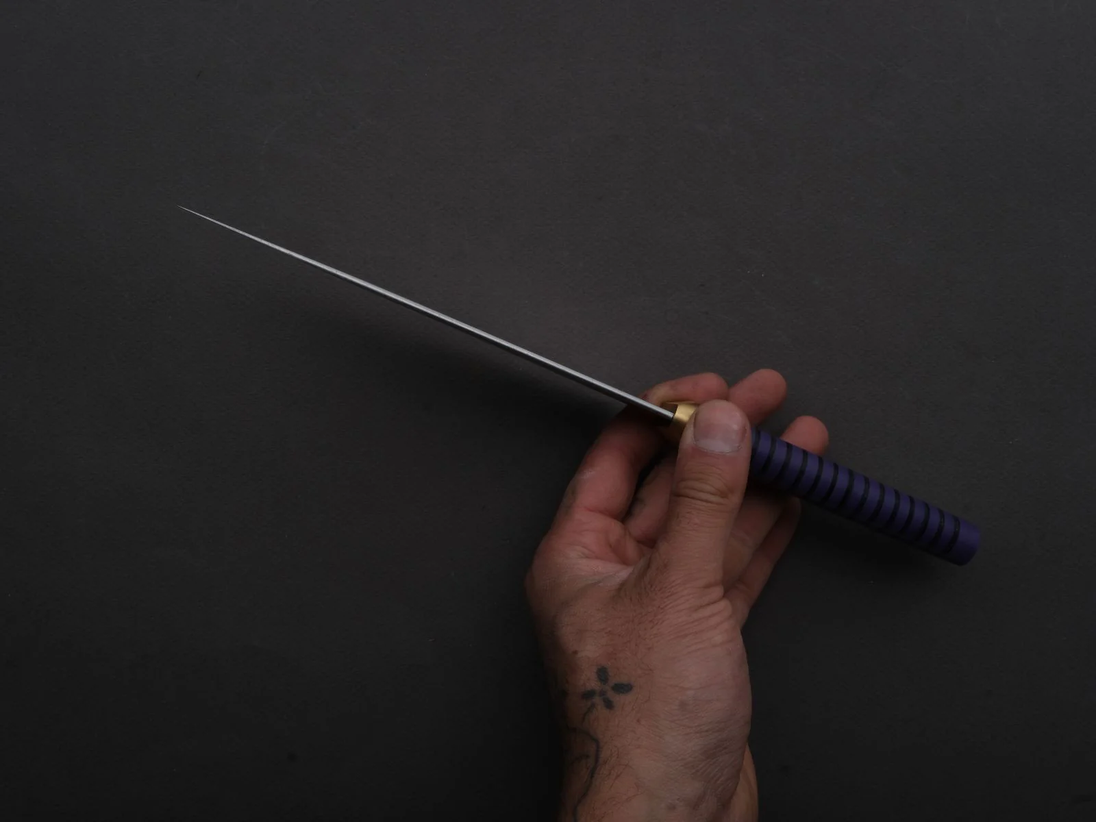 Florentine Kitchen Knives - Stainless - Petty - 155mm - Stacked Purple Composite and Black Leather Handle - Image 7
