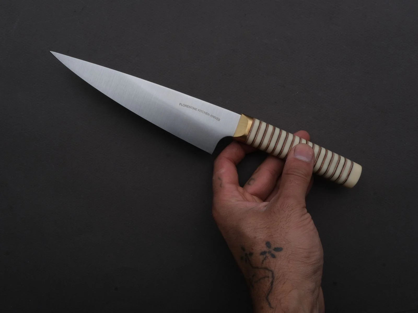 Florentine Kitchen Knives - Stainless - Petty - 155mm - Stacked White Composite and Natural Leather Handle - Image 5