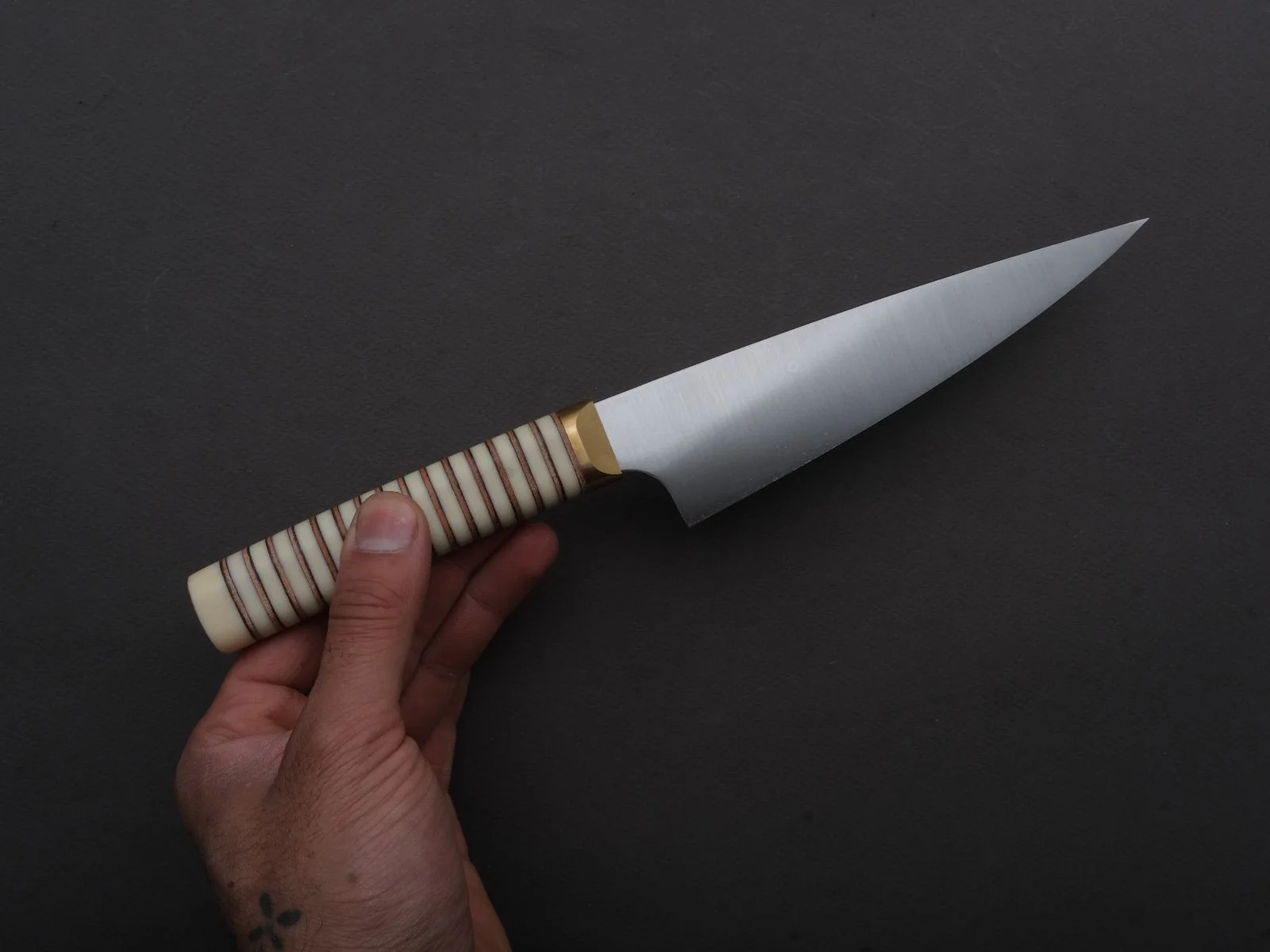 Florentine Kitchen Knives - Stainless - Petty - 155mm - Stacked White Composite and Natural Leather Handle - Image 6