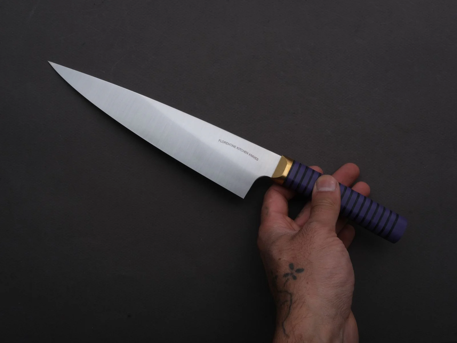 Florentine Kitchen Knives - Stainless - Utility - 200mm - Stacked Purple Composite and Black Leather Handle - Image 3