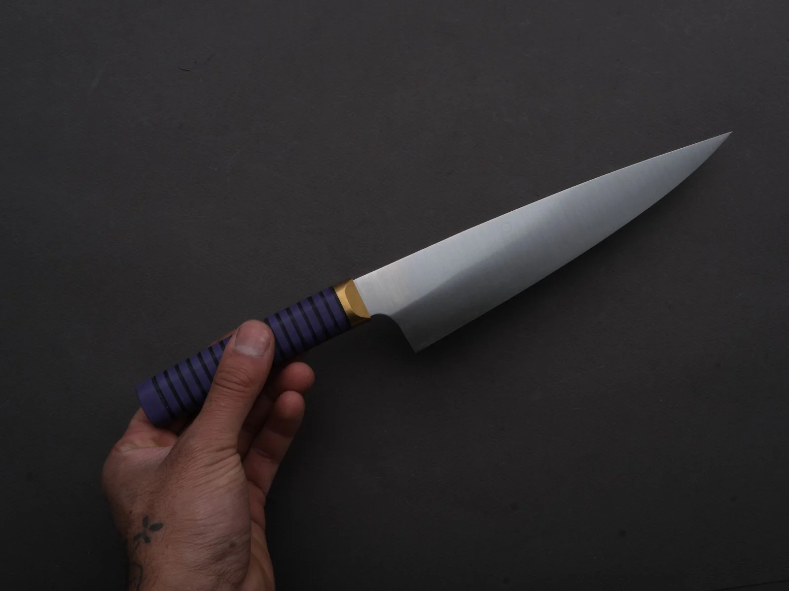 Florentine Kitchen Knives - Stainless - Utility - 200mm - Stacked Purple Composite and Black Leather Handle - Image 4