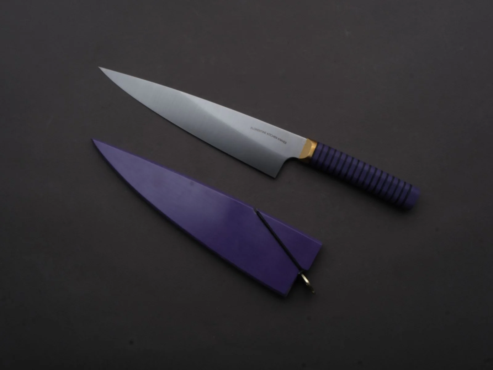 Florentine Kitchen Knives - Stainless - Utility - 200mm - Stacked Purple Composite and Black Leather Handle - Image 7