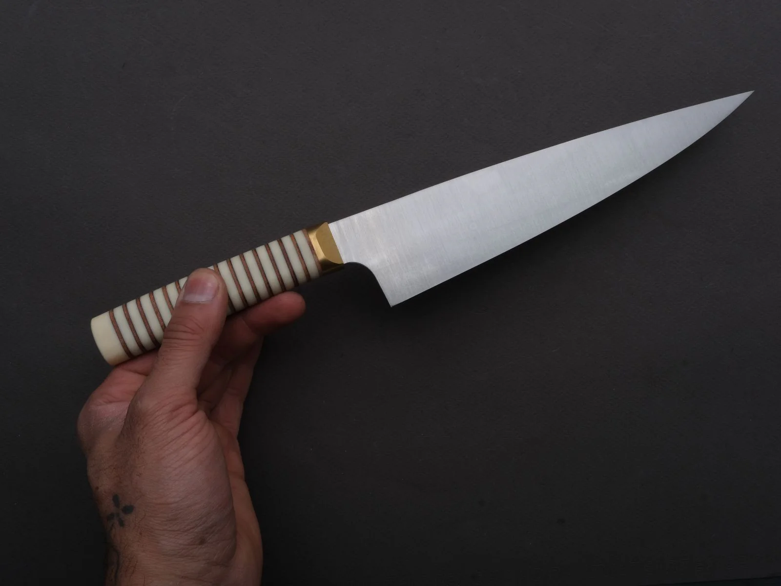 Florentine Kitchen Knives - Stainless - Utility - 200mm - Stacked White Composite and Natural Leather Handle - Image 6