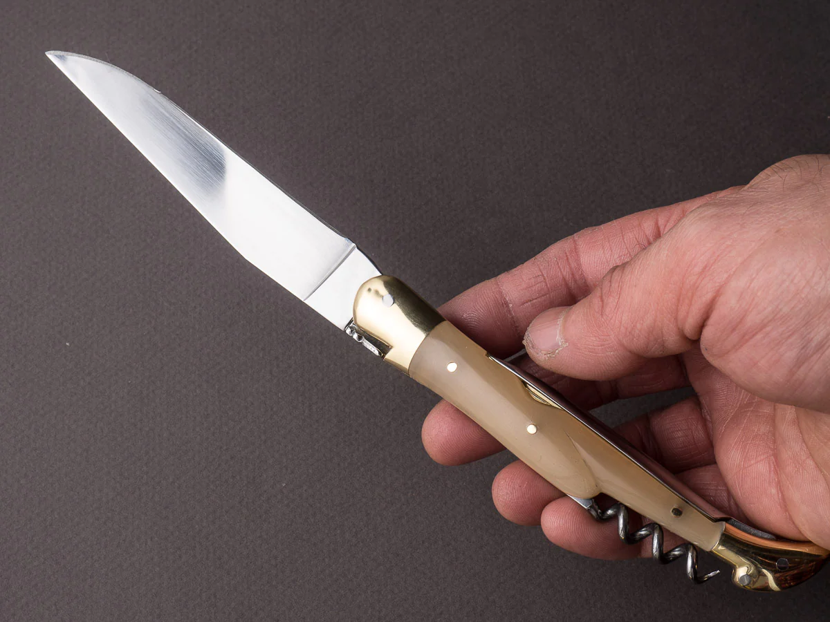 Forge De Laguiole - 12cm Folding Knife 3 Piece - Spring System - Blonde Horn Handle & Brass Bolsters - Wine Key & Awl - Image 5