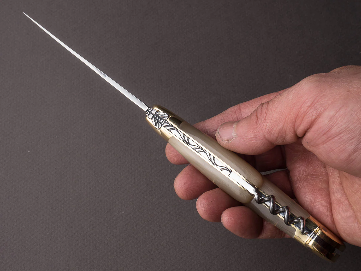Forge De Laguiole - 12cm Folding Knife 3 Piece - Spring System - Blonde Horn Handle & Brass Bolsters - Wine Key & Awl - Image 6
