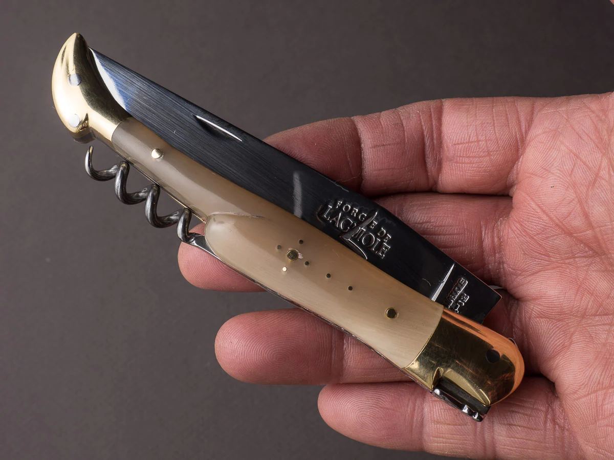 Forge De Laguiole - 12cm Folding Knife 3 Piece - Spring System - Blonde Horn Handle & Brass Bolsters - Wine Key & Awl - Image 8