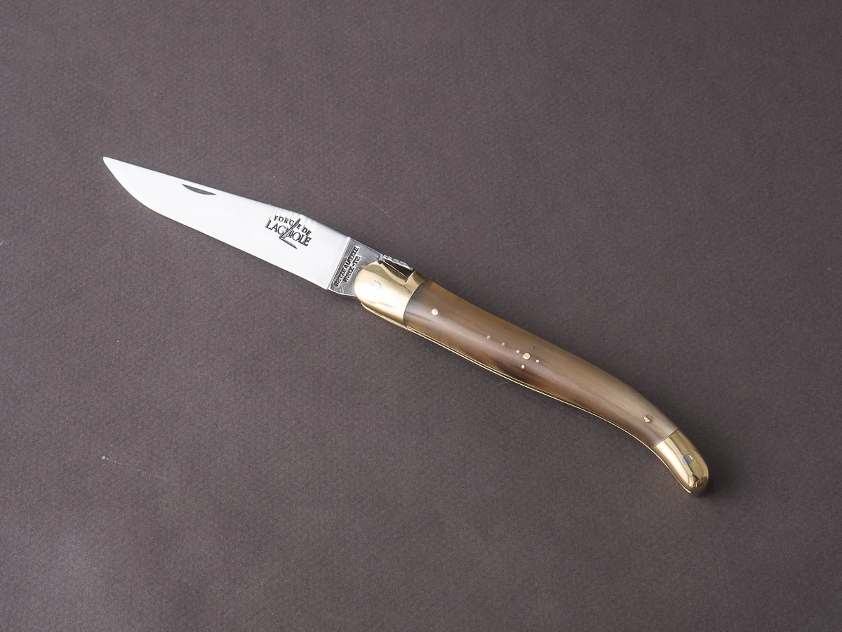Forge De Laguiole - 12cm Folding Knife - Spring System - Blonde Horn Handle and Brass Bolsters