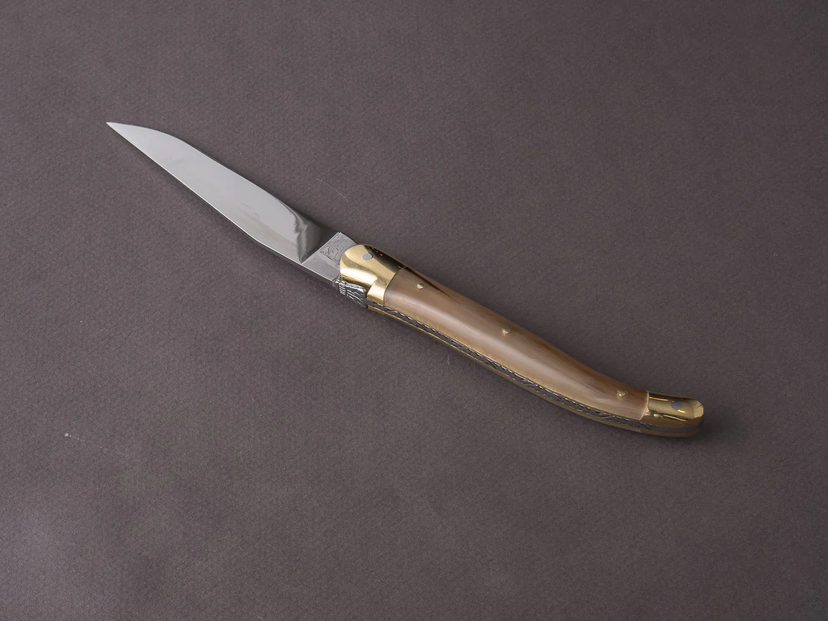 Forge De Laguiole - 12cm Folding Knife - Spring System - Blonde Horn Handle and Brass Bolsters - Image 3